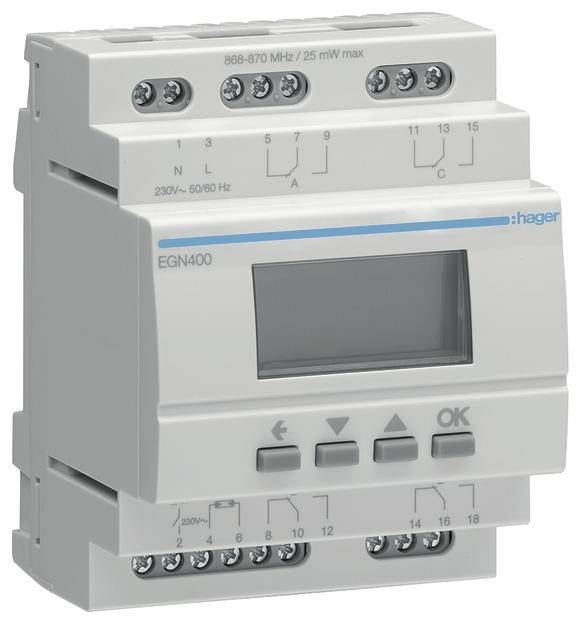 Un appareil électronique gris avec un écran et plusieurs touches, étiqueté 'Hager' et portant des spécifications techniques.