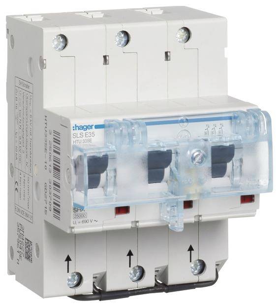 Un disjoncteur tripolaire Hager, modèle SLS E35, pour installations électriques, avec un couvercle de fusible bleu et des bornes étiquetées.