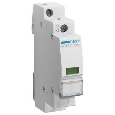 Un interrupteur électrique blanc de Hager, modèle 'SVN 121' avec une tension de '230 V', présentant les bornes X1 et X2.