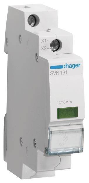 Un relais de Hager portant l'inscription « SVN 131 », présentant des bornes de connexion X1- et X2+ pour courant alternatif 12/48 V.