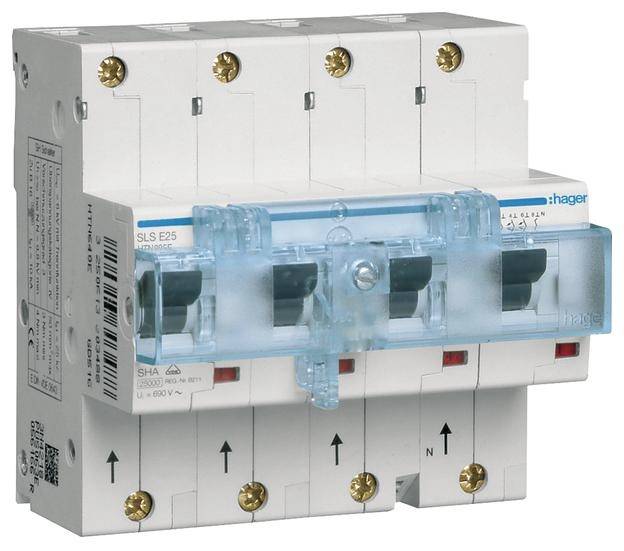 Un disjoncteur tétrapolaire de Hager, avec un capot de protection bleu et un boîtier blanc, adapté pour une installation électrique.