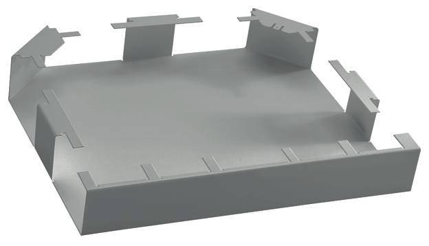 Boîtier métallique gris, rectangulaire, avec des bords relevés et des découpes sur les bordures. Adapté pour accueillir des composants.