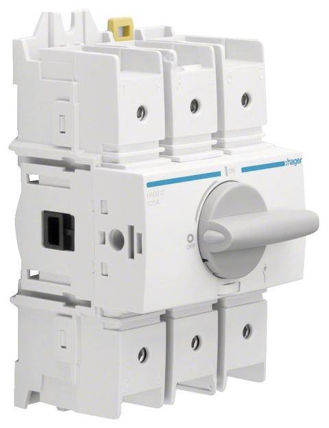 Interrupteur en blanc avec deux positions, 'ON' et 'OFF'. Logo du fabricant en haut à droite. Adapté aux applications électrotechniques.