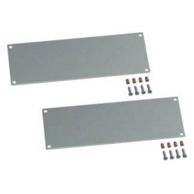 Deux couvercles métalliques rectangulaires gris, chacun pourvu de quatre vis et écrous.