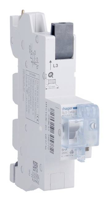 Fusible électrique blanc, vertical avec levier, élément transparent bleu sur le côté, symboles techniques et texte sur la face avant.