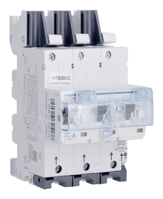 Un disjoncteur tripolaire, modèle HTS390C, avec un capot bleu. Utilisé pour interrompre les circuits électriques dans les installations électriques.