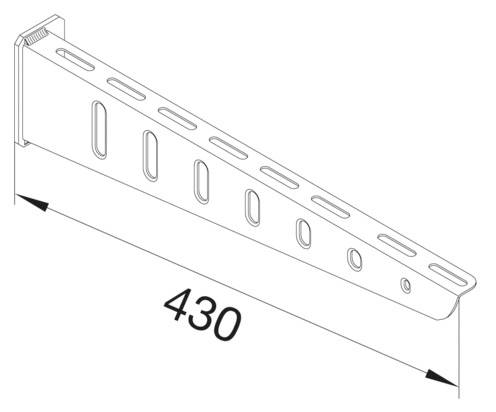 Esquisse semi-transparente d'un support de tablette murale avec des fentes, d'une longueur de 430 mm, indiquée par une flèche à la base.