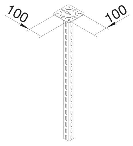 Support métallique à base carrée avec des trous latéraux ; dimensions 100x100 mm indiquées sur la base.
