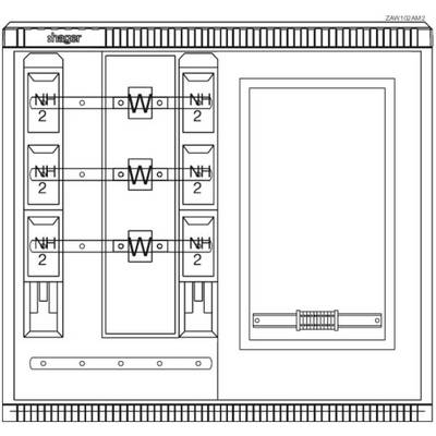 Dessin technique d'un boîtier électrique. Montre plusieurs interrupteurs et connexions sur une surface structurée.