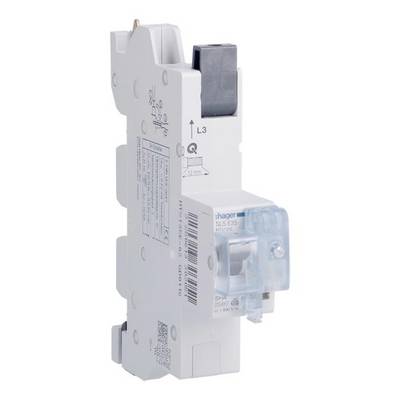 Un disjoncteur blanc avec un levier bleu et des descriptions techniques sur le côté, adapté pour les installations électriques.
