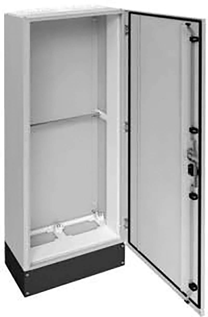 Armoire métallique grise ouverte à deux compartiments et une porte qui peut être fermée. Adaptée pour le rangement d'équipements.