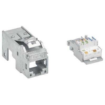 Deux connecteurs réseau : à gauche, un boîtier métallique avec une prise RJ45, à droite, un module en plastique avec des connexions de câbles codées par couleur.