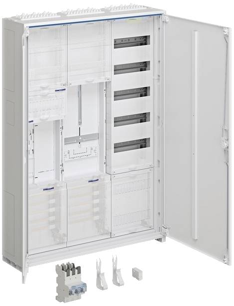 Une armoire électrique ouverte avec plusieurs emplacements de modules, contenant plusieurs compartiments vides et des composants de commutation prêts à l'emploi.
