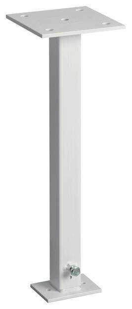 Un poteau en acier blanc, rectangulaire, avec une large plaque de montage en haut et une base plus petite en bas, adapté pour un support structural.