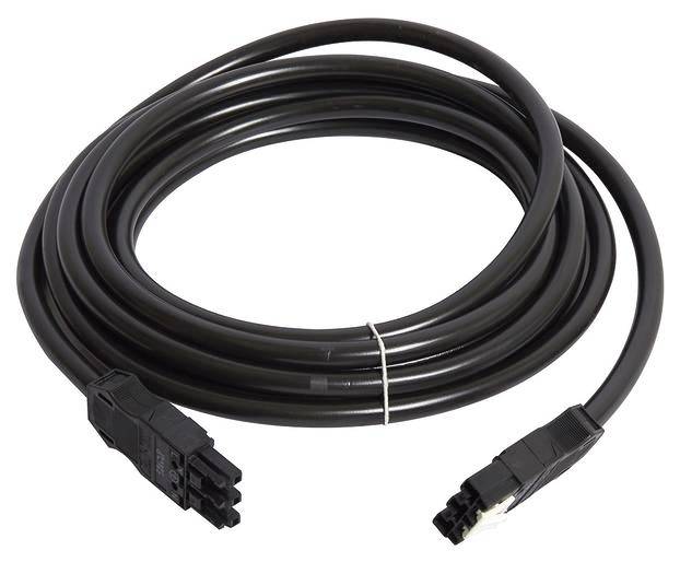 Un câble électrique noir et long, avec des connecteurs à chaque extrémité, enroulé et prêt à être utilisé.