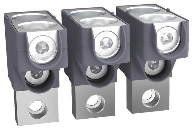Trois blocs de bornes électriques gris, placés côte à côte, chacun avec deux points de connexion ronds.