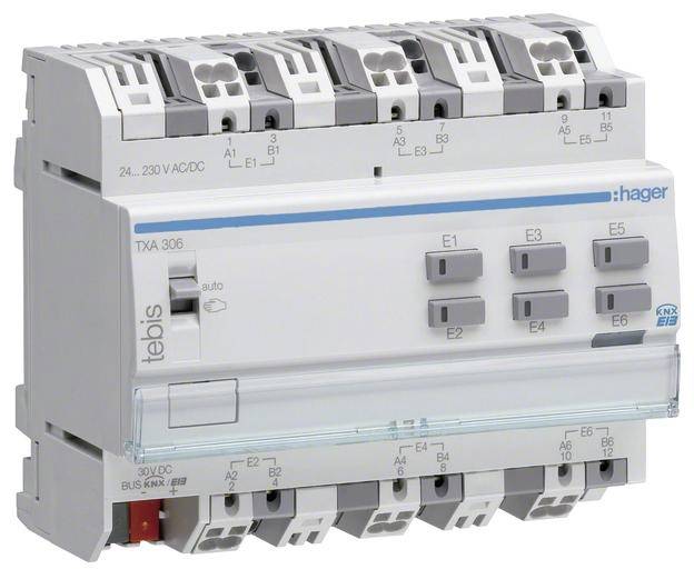 Un boîtier électronique de commande avec plusieurs interrupteurs et connexions, conçu pour un montage sur rail DIN dans un armoire électrique.