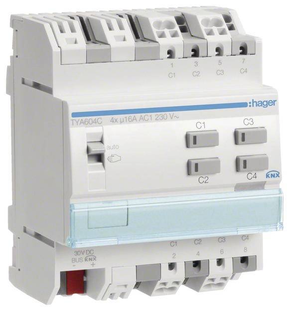 Un actionneur KNX à quatre sorties, désigné comme Hager TYA604C, pour le contrôle d'appareils électriques.