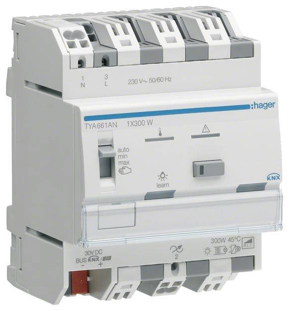 Un appareil électrique blanc avec plusieurs interrupteurs et une étiquette 'Hager'. Il affiche des symboles pour les réglages électriques et la compatibilité KNX.