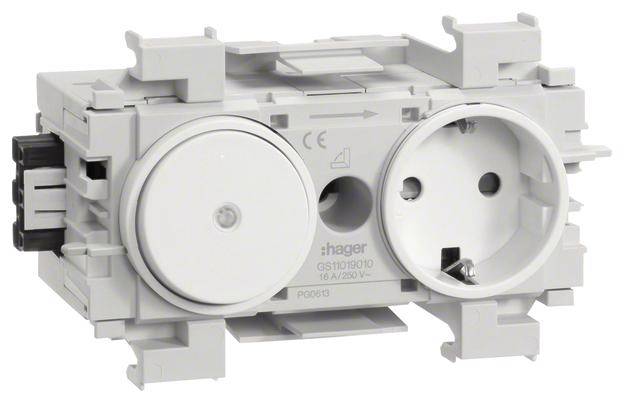 Double prise de courant avec deux connexions, design gris et blanc. Adaptée pour les connexions électriques dans les bâtiments. Nom de marque et numéro de modèle imprimés.