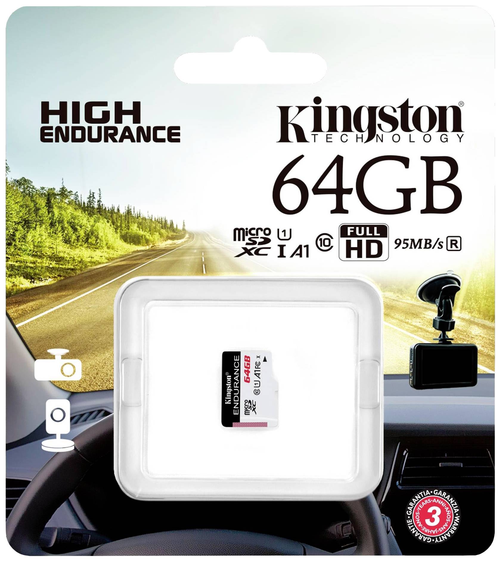 Emballage d'une carte microSD Kingston de 64 Go, adaptée aux enregistrements vidéo Full HD, avec une illustration d'un intérieur de voiture et de dashcams.