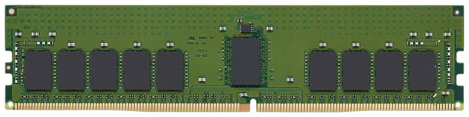 Un module RAM vert doté de plusieurs puces mémoire noires et de broches de contact dorées à sa base.