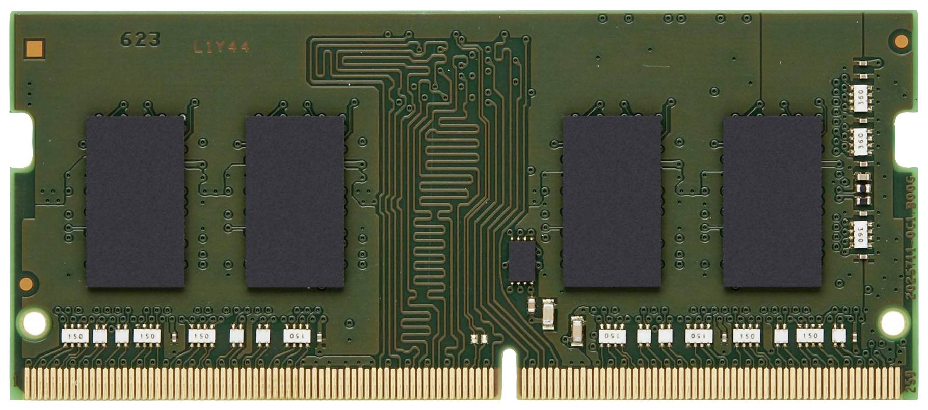 Un module RAM avec huit puces mémoire sur un circuit imprimé vert ; utilisé pour le stockage temporaire de données dans les ordinateurs.