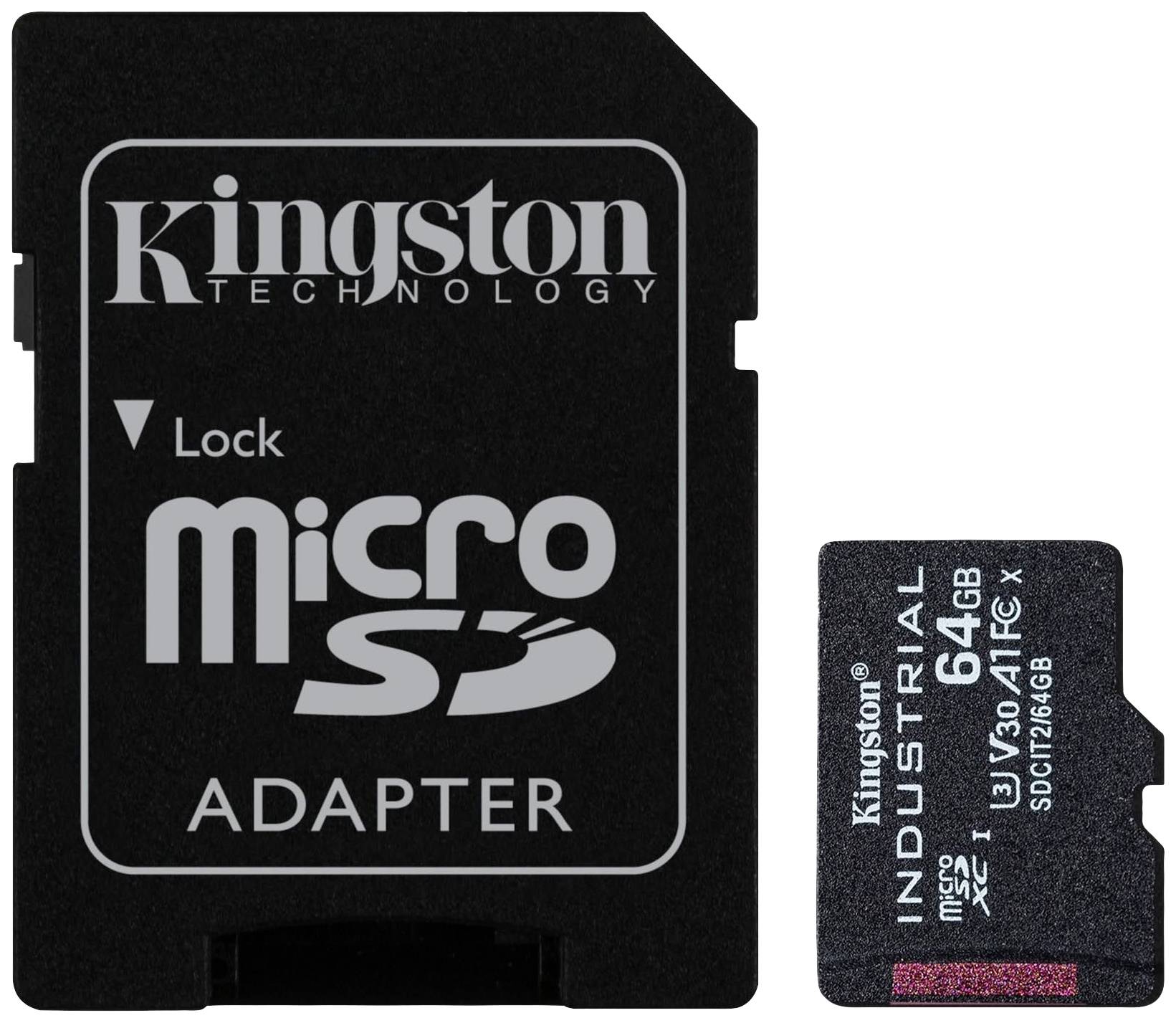 L'adaptateur et la carte microSD de 64 Go de Kingston sont représentés. Les deux sont étiquetés et conviennent à des applications industrielles.