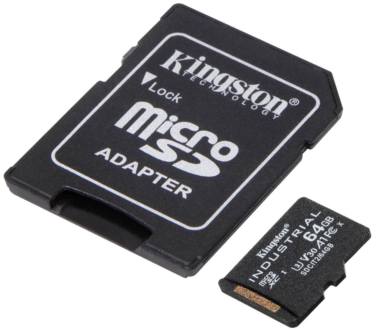 Carte microSD et adaptateur de Kingston. La carte a une capacité de 64 Go et est étiquetée comme "Industrielle".