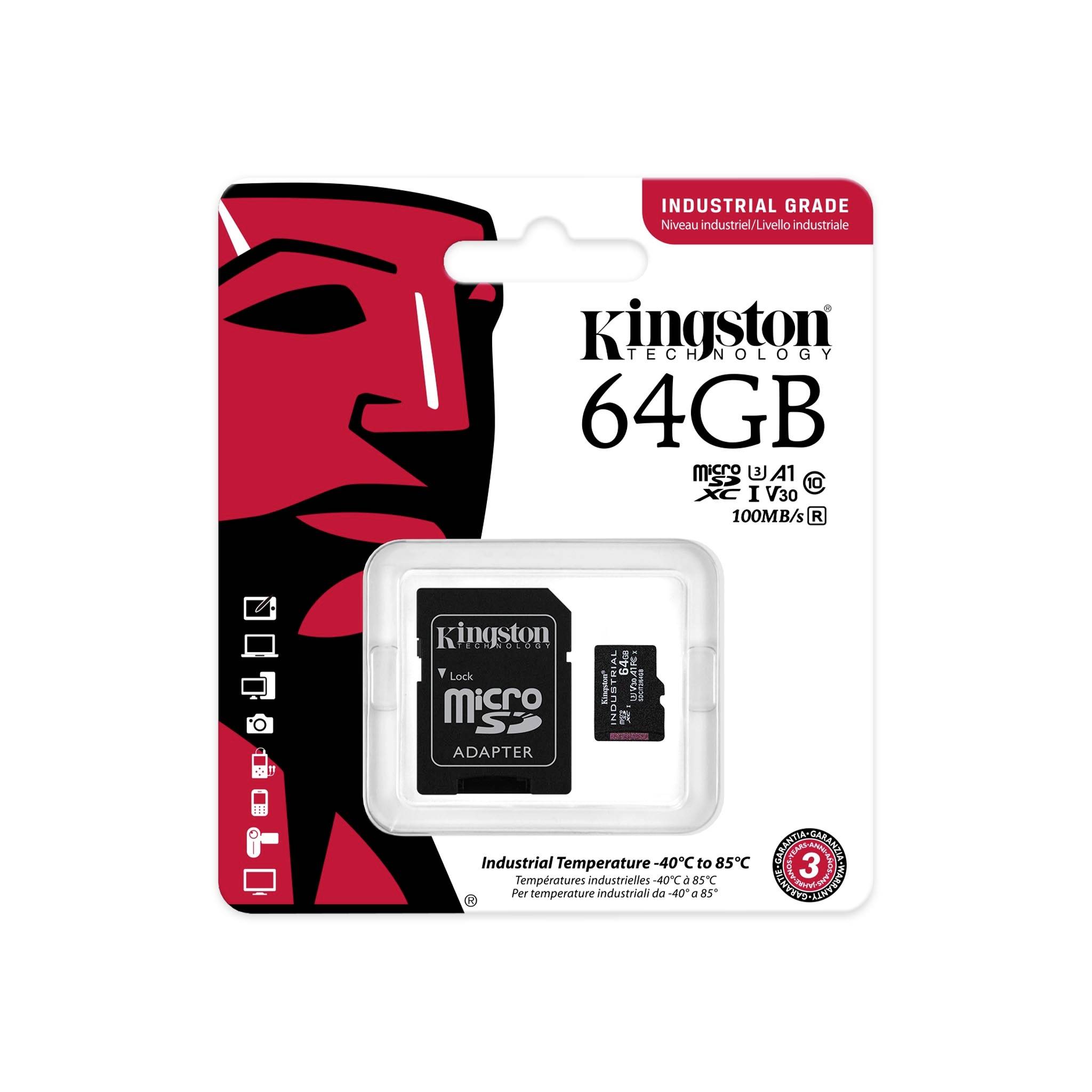 Carte microSD Kingston de 64 Go avec adaptateur. Adaptée aux températures extrêmes de -40°C à 85°C. Vitesse : 100 Mo/s.