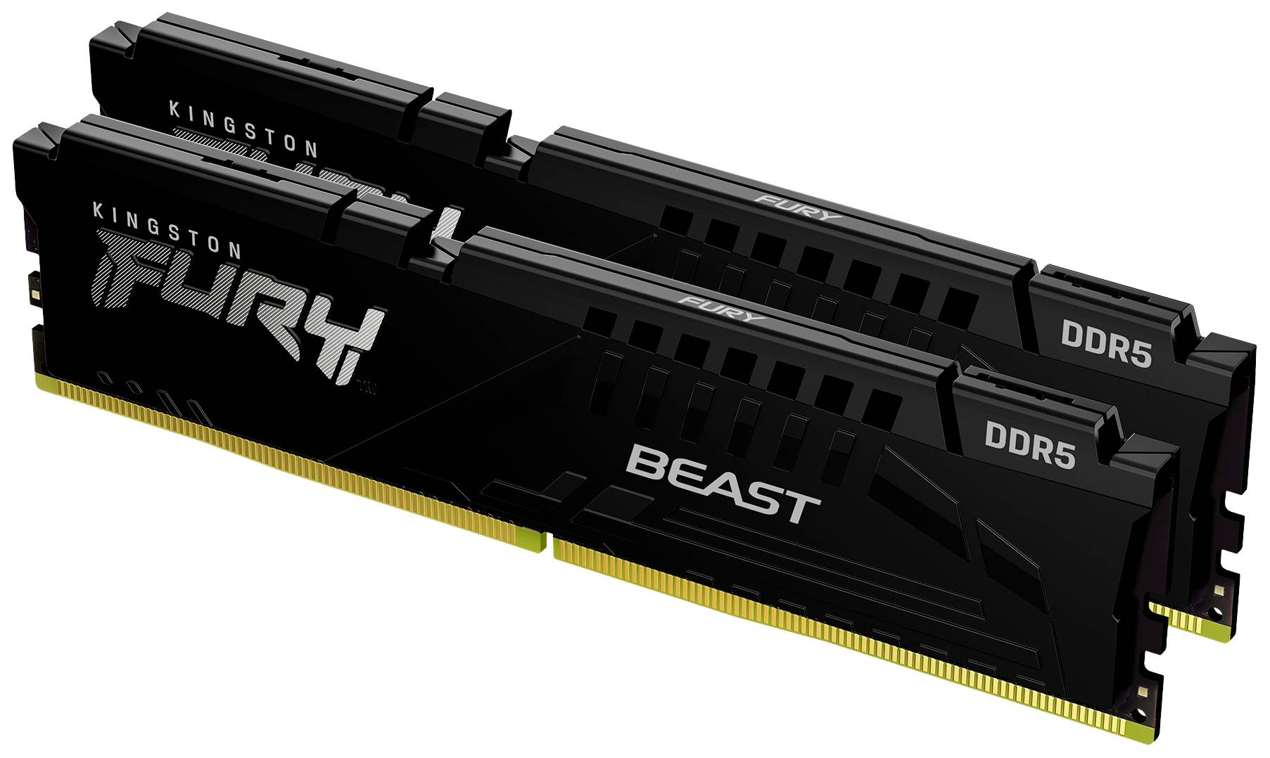 Deux modules de RAM DDR5 Kingston Fury Beast en noir avec des barrettes de contact dorées.