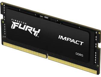 Un module RAM de Kingston Fury portant l'étiquette 'Impact DDR5', présentant le côté avant avec des contacts dorés en bas de l'unité.