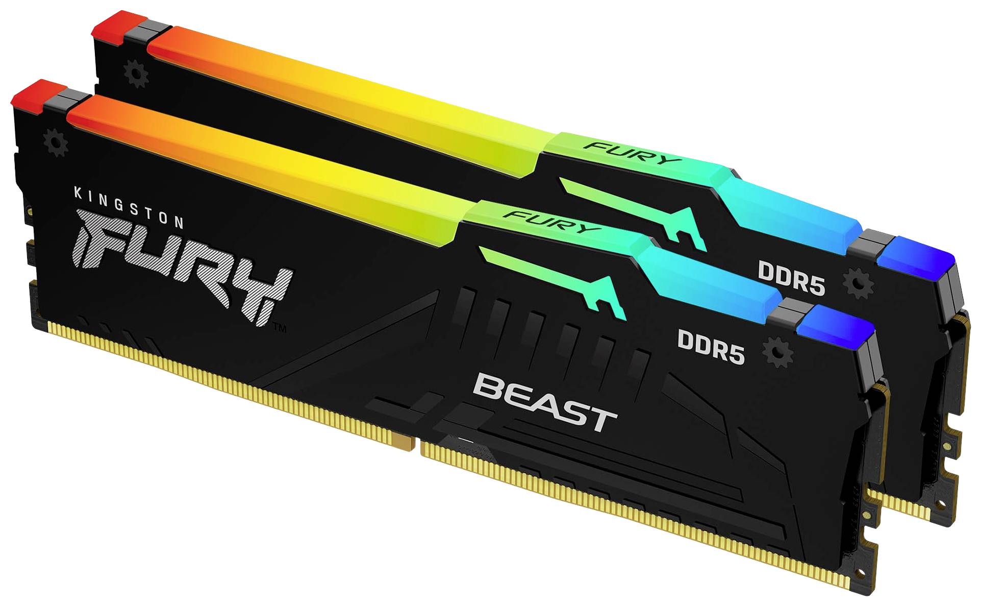 Deux modules de RAM DDR5 noirs avec des lumières RGB colorées, portant l'inscription « Kingston Fury Beast ». Ils sont empilés l'un sur l'autre.
