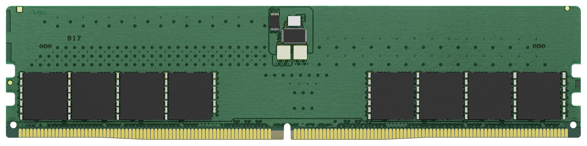 Un module de mémoire vive (RAM) vert avec plusieurs puces de mémoire noires et des broches de contact dorées, destiné à être installé dans un ordinateur.