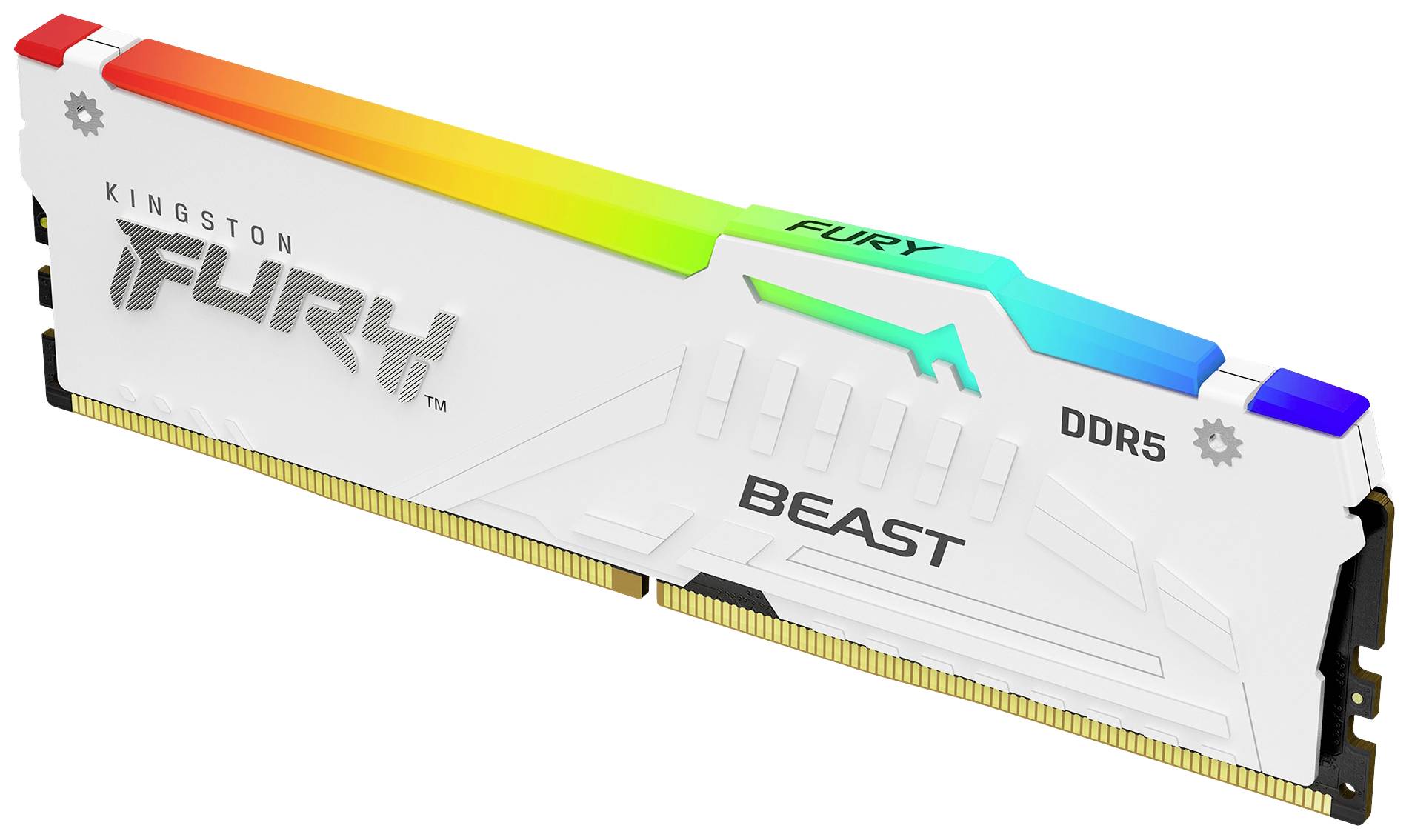 Un module de RAM DDR5 Kingston Fury Beast blanc avec éclairage RVB sur le dessus.