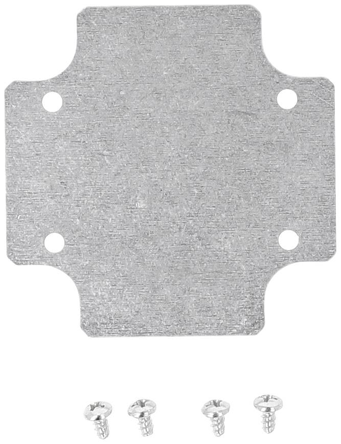 Plaque métallique aux quatre coins arrondis et quatre trous, représentée avec quatre petites vis en dessous.