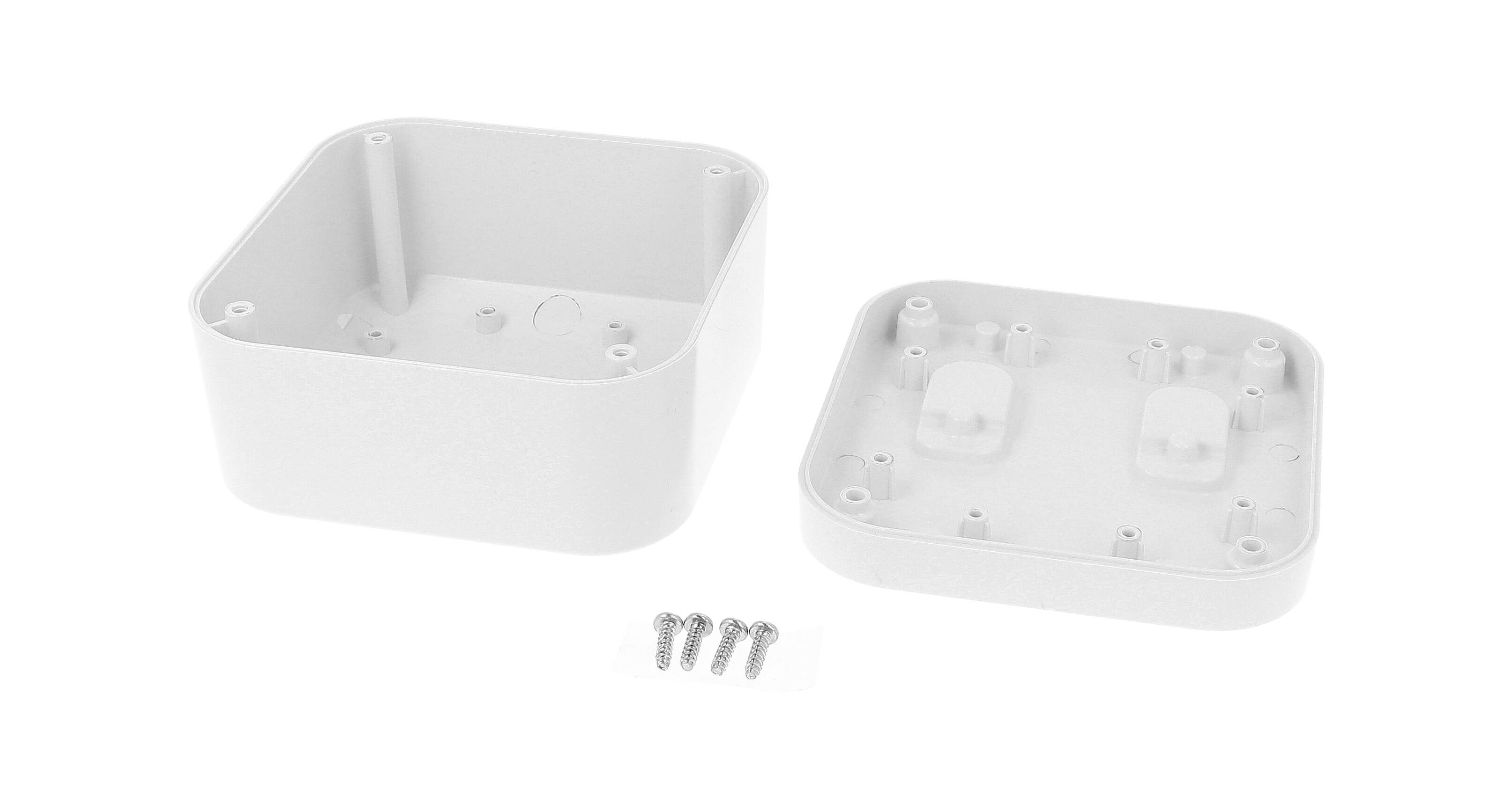 Boîtier rectangulaire blanc en plastique ouvert, avec un couvercle amovible et quatre vis de montage.