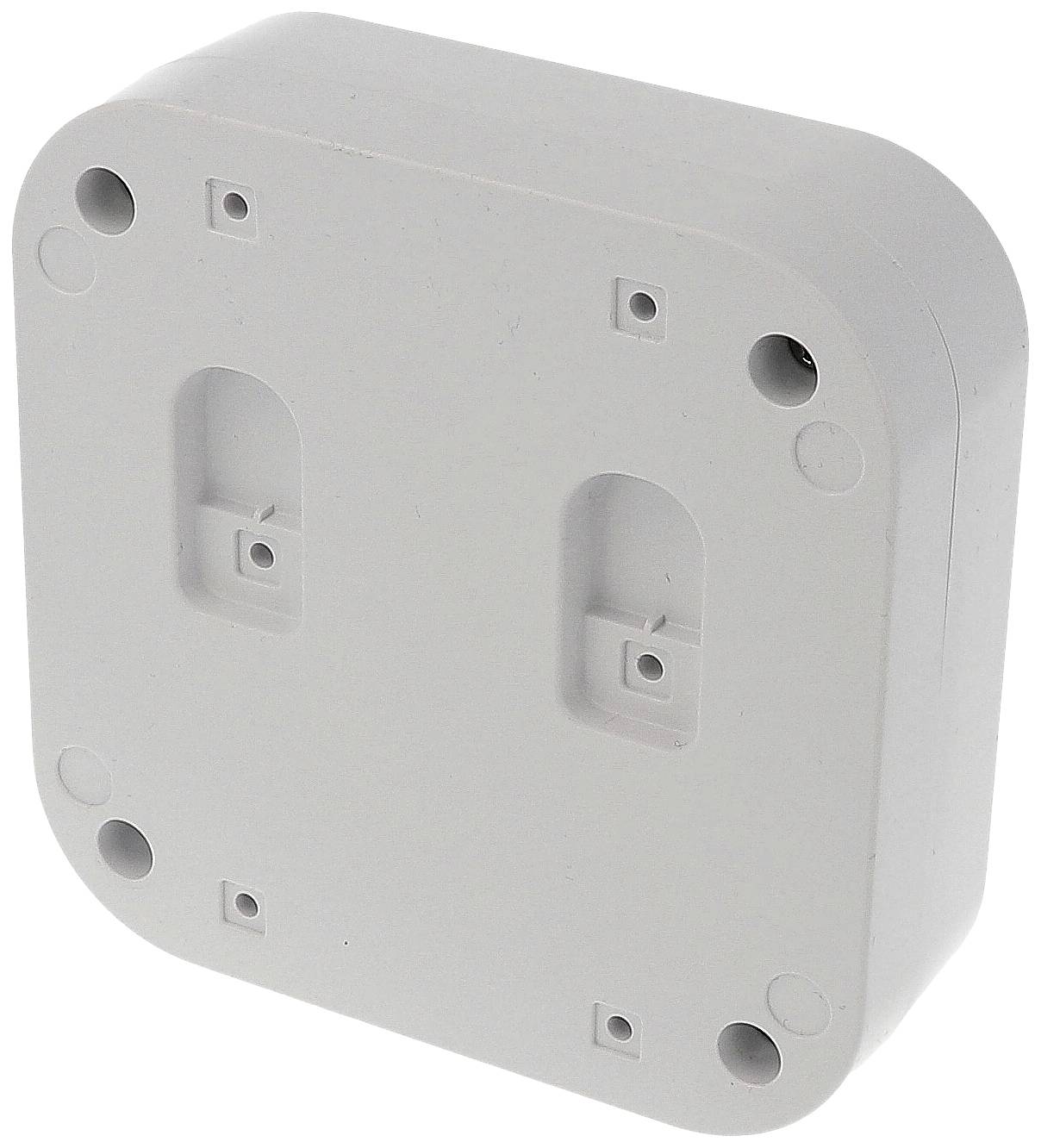 Boîte en plastique grise de forme carrée avec des coins arrondis, conçue pour une fixation murale, reconnaissable à ses trous de fixation dans les coins.