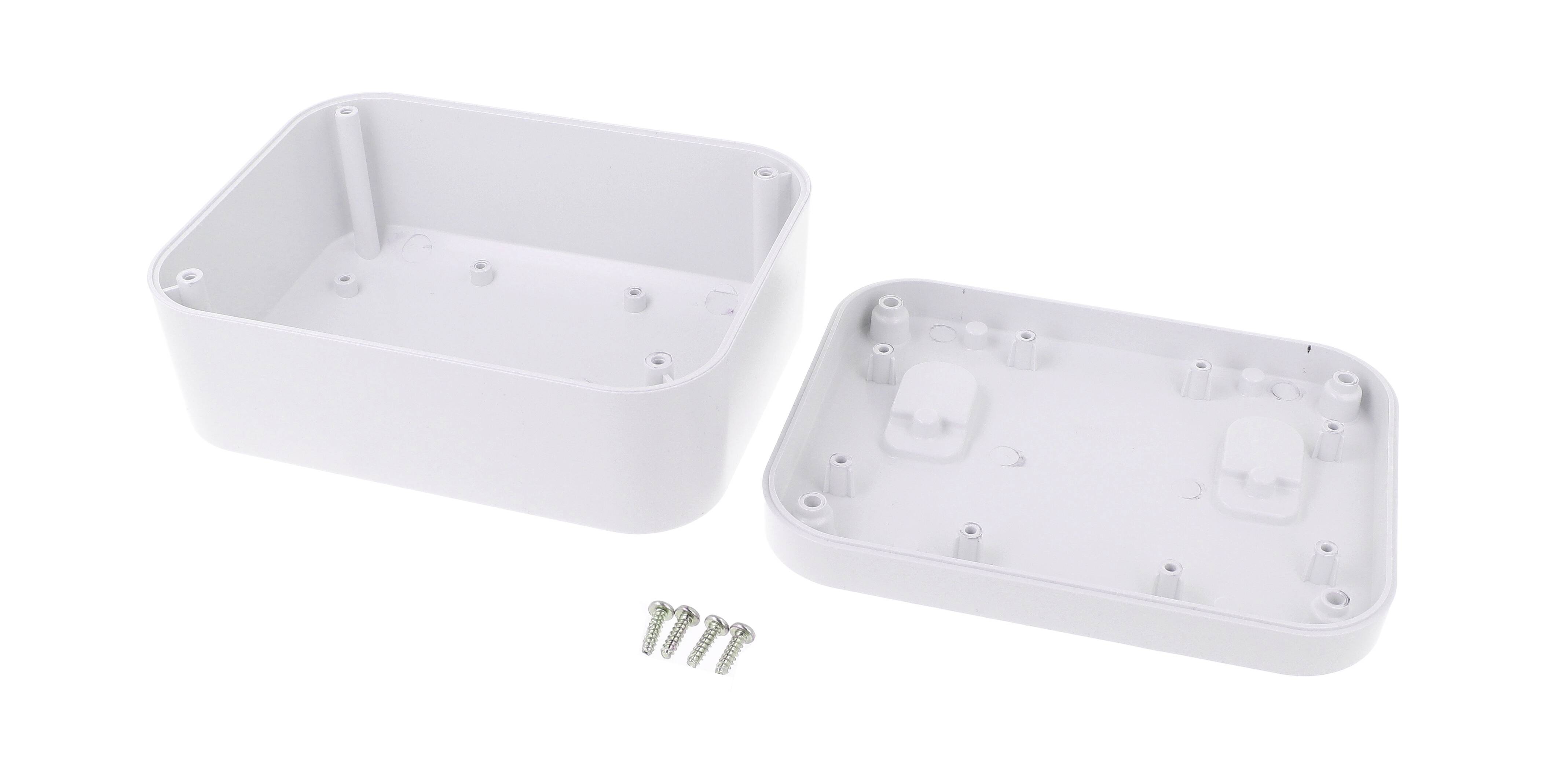 Boîtier ouvert en plastique blanc avec couvercle amovible et quatre vis.