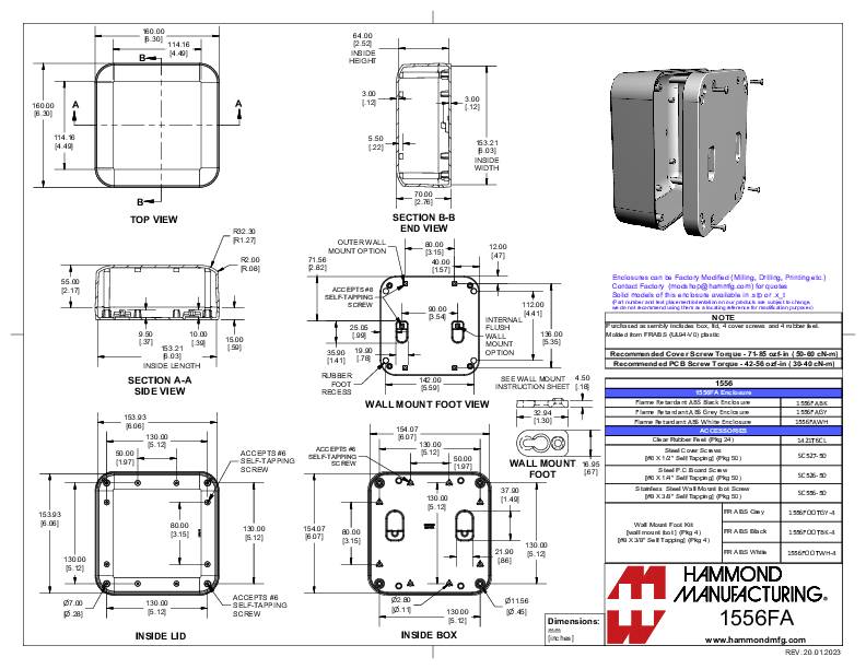 'Dessin technique d'un boîtier, vues : dessus, côté, intérieur. Dimensions en millimètres, détails des options de montage et du matériau.'