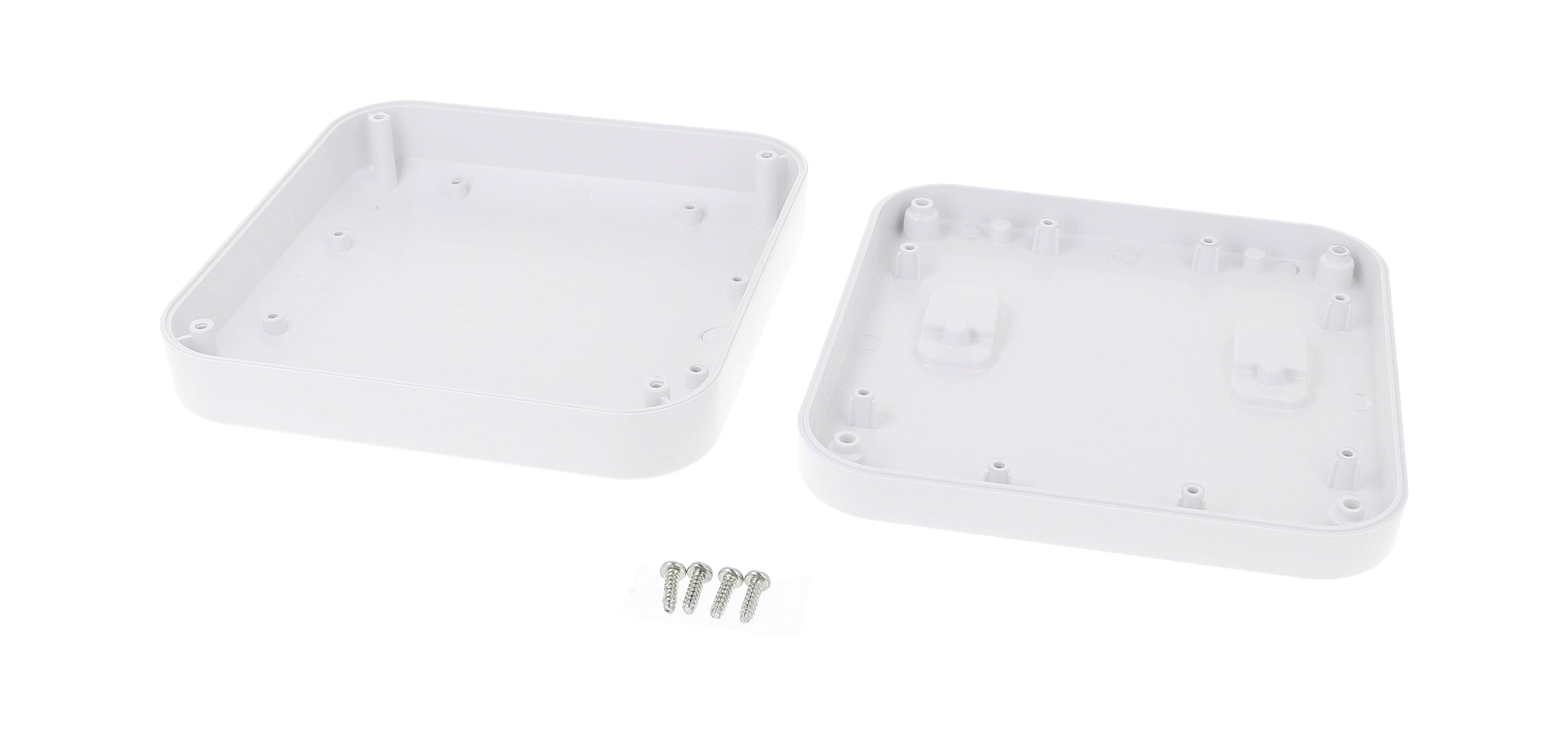 Boîtier en plastique blanc à deux parties, carré, avec des angles arrondis et quatre vis, adapté aux applications de montage.