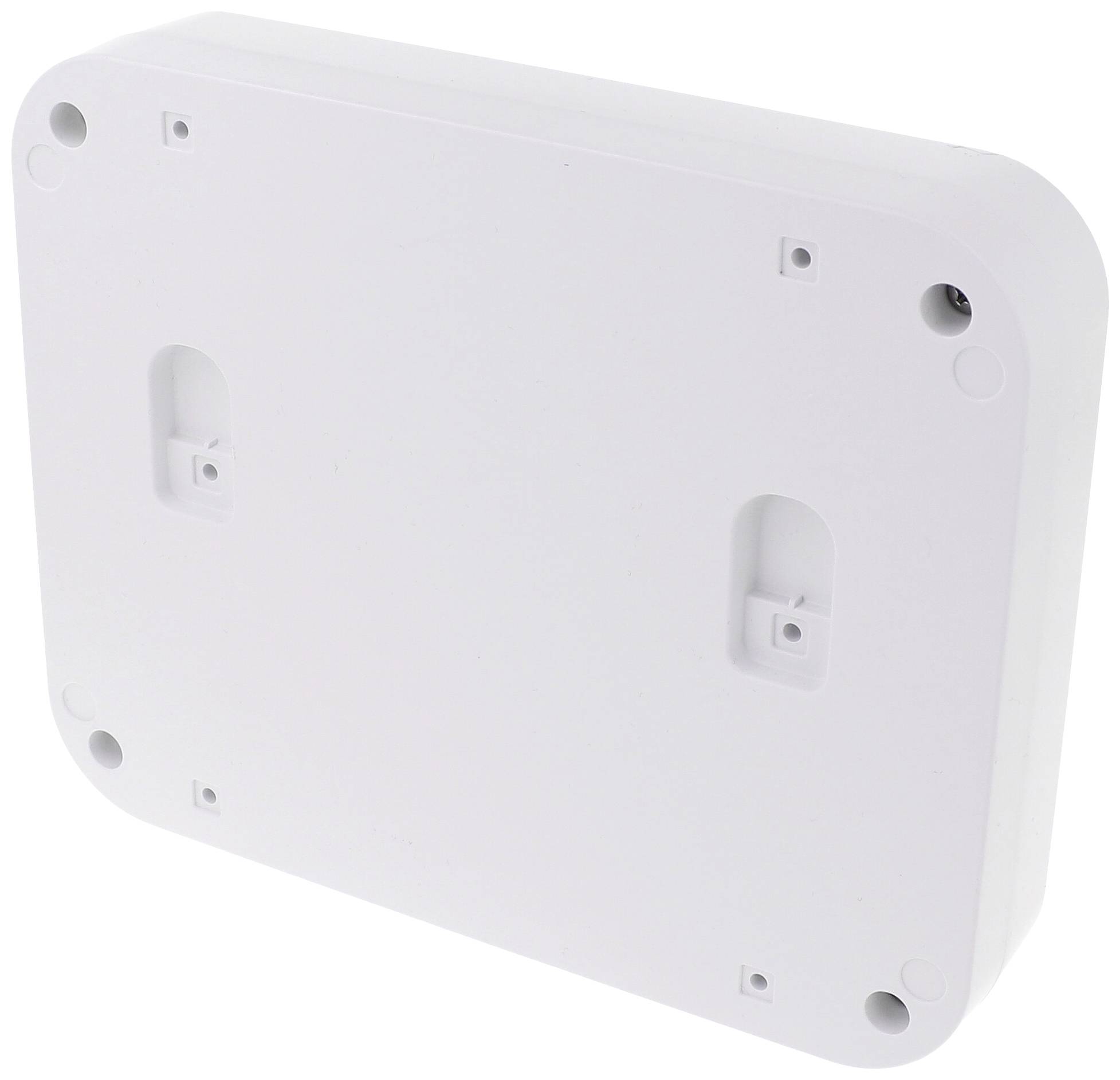 Couvercle en plastique blanc, rectangulaire, avec des coins arrondis et plusieurs trous de vis pour la fixation.
