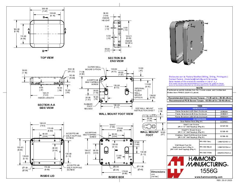 Dessin technique d'un boîtier avec différentes vues et dimensions. Fabricant : Hammond Manufacturing. Numéro d'article : 1555CG.