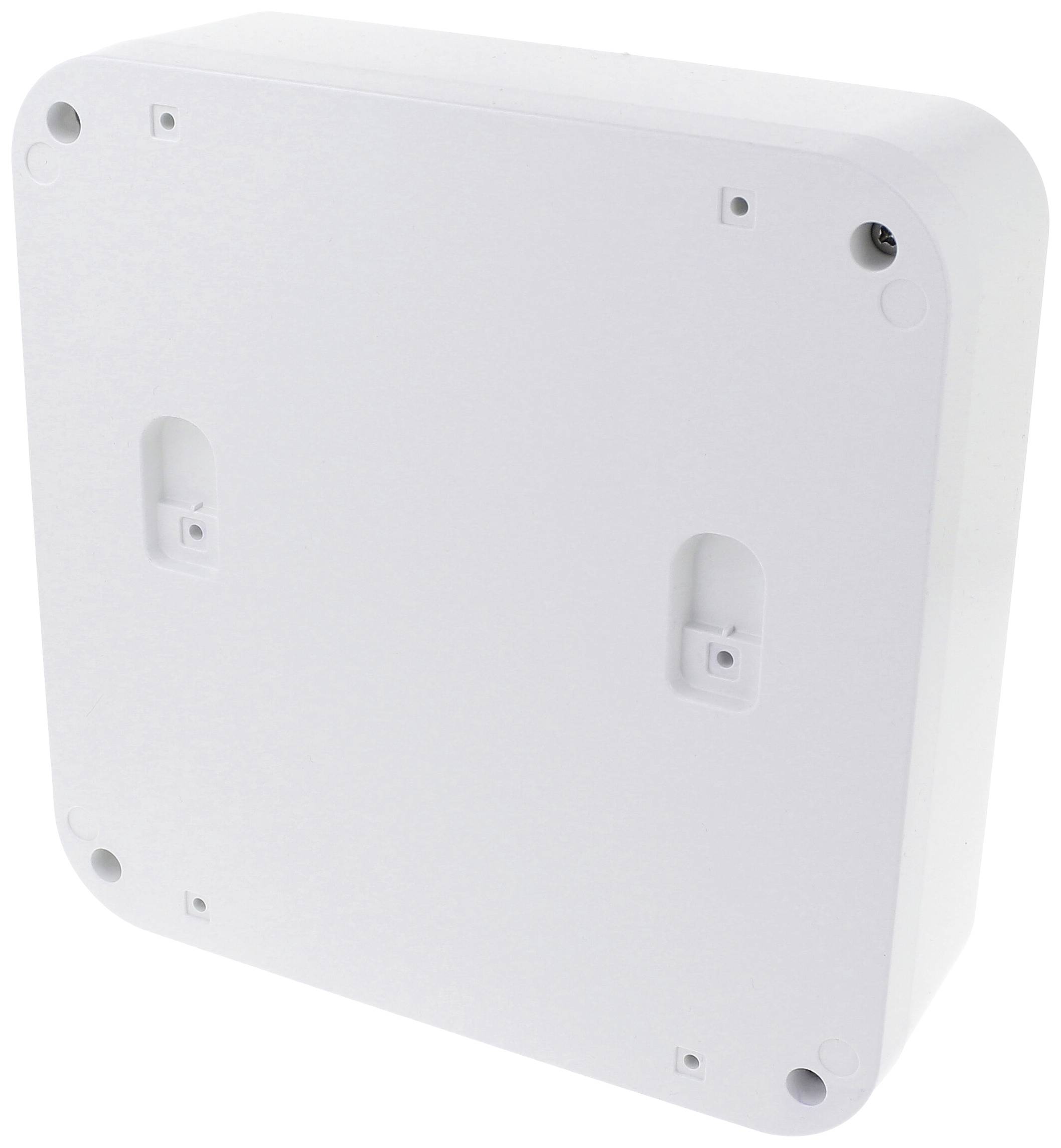 Un boîtier rectangulaire blanc en plastique aux coins arrondis, percé de quatre trous de vis, probablement destiné à être monté sur des murs.