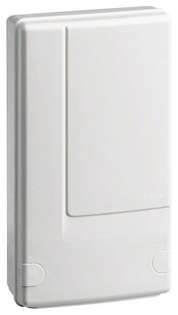 Boîtier rectangulaire blanc aux coins arrondis, probablement un coffret de distribution électrique de la marque 'Hager'.