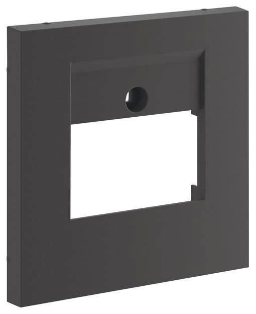 Cadre carré noir avec un trou rond central. Adapté pour le montage d'interrupteurs électriques ou de prises de courant.