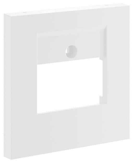 Une couverture en plastique blanche, carrée, avec une découpe rectangulaire centrale et un petit orifice rond en haut.