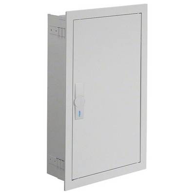 Boîte de montage murale blanche rectangulaire avec porte et poignée, adaptée pour loger des appareils électriques ou techniques.