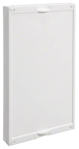 Un boîtier rectangulaire blanc en plastique avec des poignées en haut et en bas, probablement un élément de couverture pour un coffret électrique.