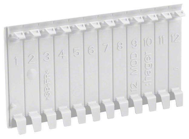 Un support modulaire à 12 pôles avec des emplacements numérotés et portant l'inscription 'Hager', adapté aux installations électriques.